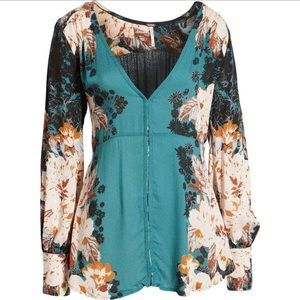 Free People Mikayla Woven Floral V-Neck Long Bishop Sleeve Tunic / kimono blouse